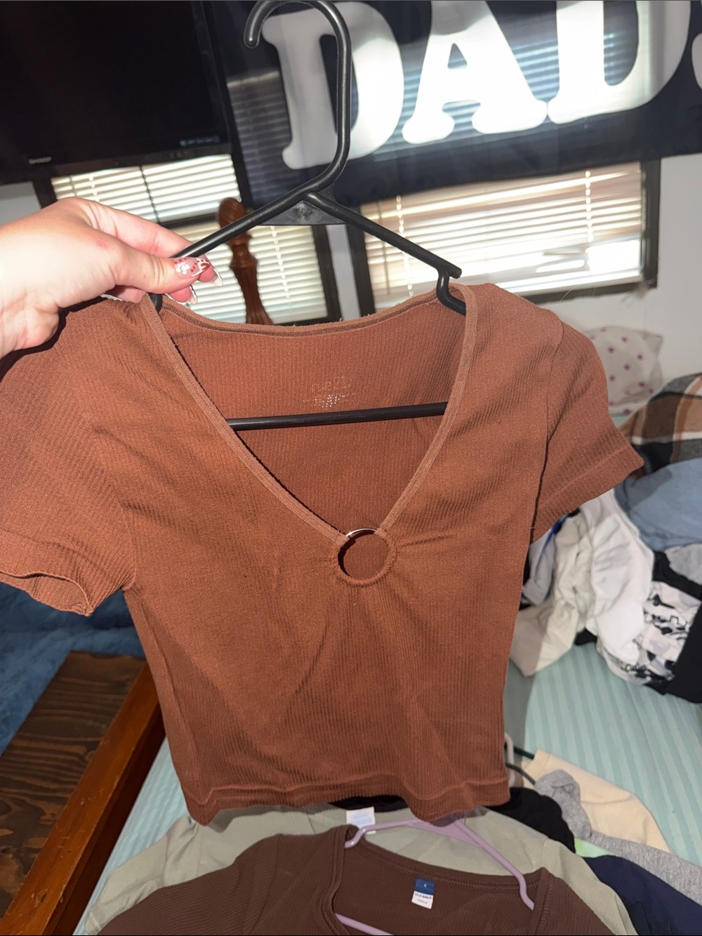 Rue21 Brown Ribbed V-Neck Crop Top with Ring Detail